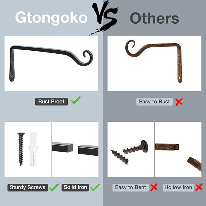 Gtongoko 2 Pack 10 Inch Plant Hangers Outdoor Metal Hanging Plant Bracket Bird Feeder Wall Hooks for Hanging Flower Basket, Wind Chimes, Solar Lanterns, Black