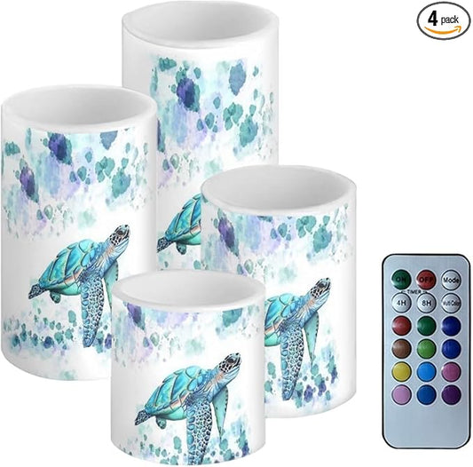 Flameless LED Candles Electric Candle Set with Remote Timer Color Changing Control Long Lasting for Table Centerpiece Home Indoor Decoration Pack of 4, Blue Sea Turtle