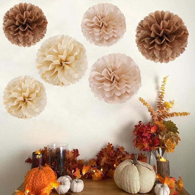 Boho Brown Champagne Beige Paper Flowers Tissue Pom Poms Honeycomb Lanterns 15pcs Party Decorations Fall Thanksgiving Rustic Wedding Baby Shower Neutral Birthday Autumn Hanging Supplies Decor