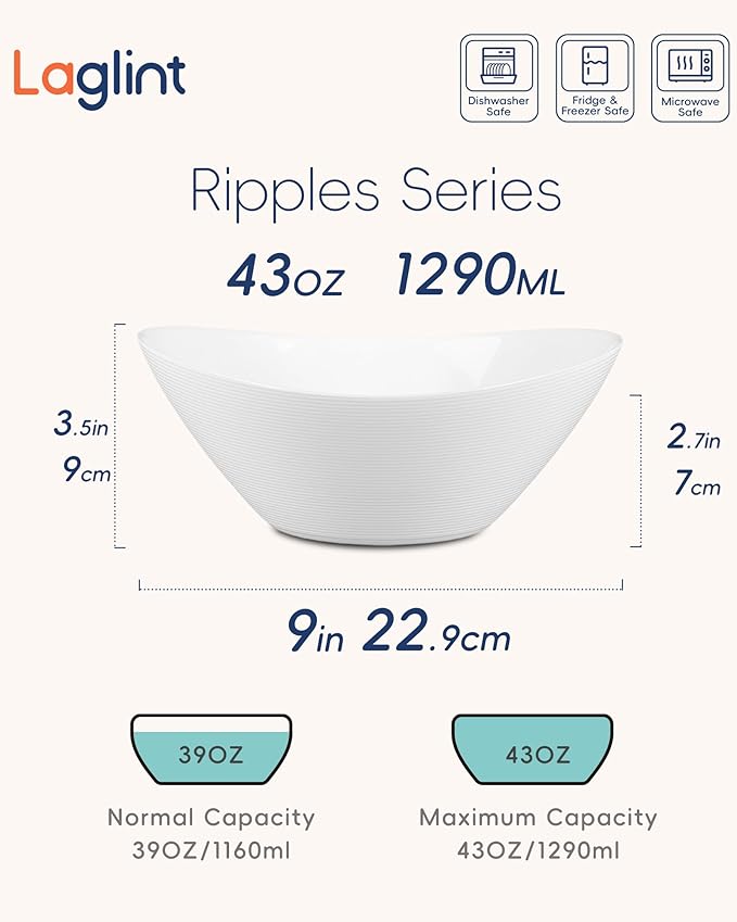 43 OZ Serving Bowl Set of 4, Opal Glass 9 inch Oval Serving Dishes for Salad, Side Dishes, Fruit Kitchen, Microwave & Dishwasher Safe, White