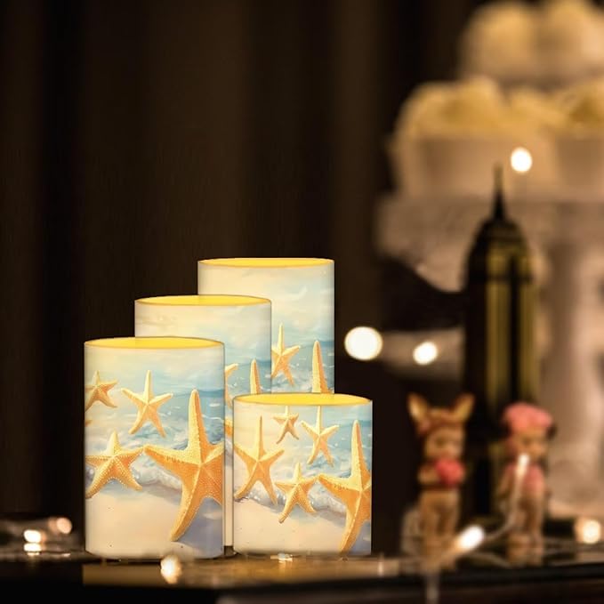 Flameless Candles Battery Powered LED Candle with Remote Timer Color Changing Control Set of 4 for Indoor Outdoor Beach Wedding Home Decoration, Coastal Gold Starfish