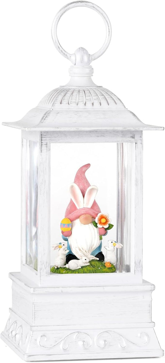 Easter Snow Globe With Bunny Gnome - Lighted Glitter Lantern for Home Decorations, Spring Decor and Gift