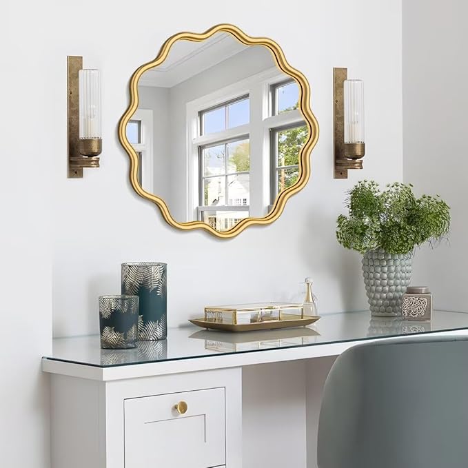 PROHOMEWARE Gold Round Mirror 20 Inch Wavy Bathroom Vanity Mirror Gold Frame Modern Wall Mirror Decorative Wall-Mounte Anti-Rust, Tempered Glass