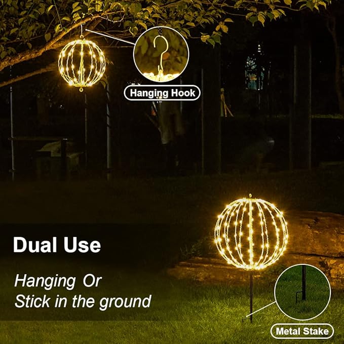 Christmas Ball Sphere, 10IN 48LED Hanging Tree and Pathway Light With Hook and Stake, Foldable Metal Frame for Outdoor Garden, UL Listed, White Frame, Warm White