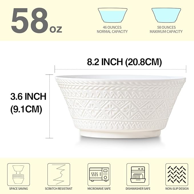 Yeacccng Deep Soup Bowls Set of 4, 58oz Large Cereal Bowls, Large Soup Bowl for Kitchen, 8.2 Inch Embossment Decorative Bowls, Dishwasher & Microwave Safe, Scratch-Resistant, Lead-Free, Easy Clean