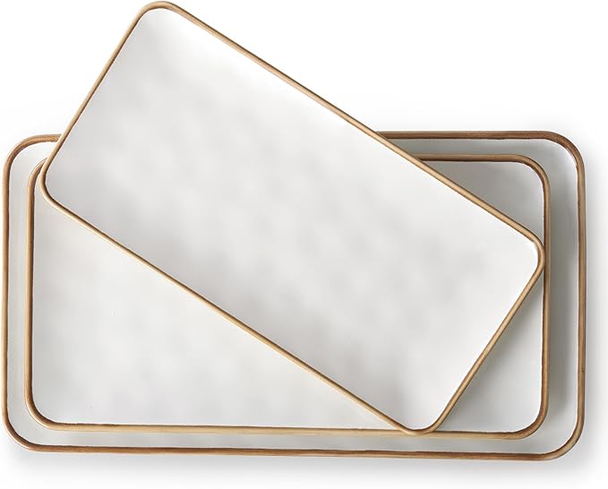 Ceramic Rectangle Serving Platter with Brown Rim: 15.6/14.1/12.6 Inch Large Serving Dishes for Entertaining Party, Turkey, Cheese, Sushi, Snack and Dessert, Microwave Dishwasher Safe