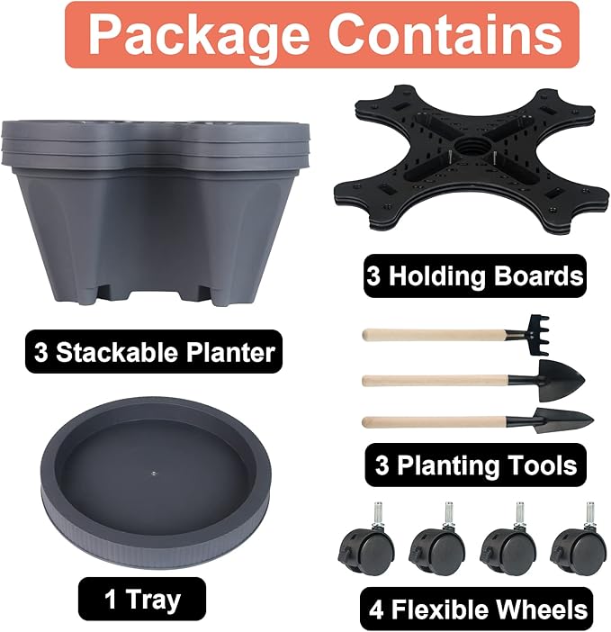 Vertical Planter 3 Tier Stackable Planters Garden Planters Strawberry Herb Flower and Vegetable Planter Indoor Outdoor Gardening Pots with Removable Wheels and Tools