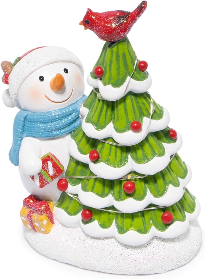 Hodao Christmas Tree Figurine Decorations — Lighted Hand-Painted Resin Snowman with Cardinal, Tabletop Decor for Family or Friends | Mantel, Shelf, Living Room Display