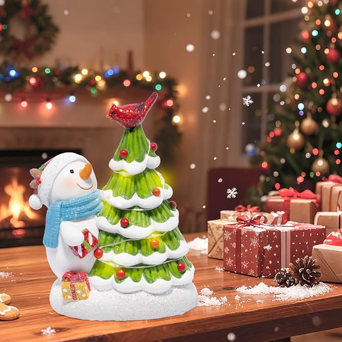 Hodao Christmas Tree Figurine Decorations — Lighted Hand-Painted Resin Snowman with Cardinal, Tabletop Decor for Family or Friends | Mantel, Shelf, Living Room Display