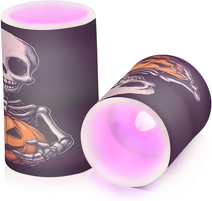 ALAZA Halloween Skeleton Skull Pumpkin Flickering Flameless Candles Battery Operated with Remote Timer,Tea Light Candles LED Pillar Votive Candles Set of 2 for Outdoor Indoor Decorations