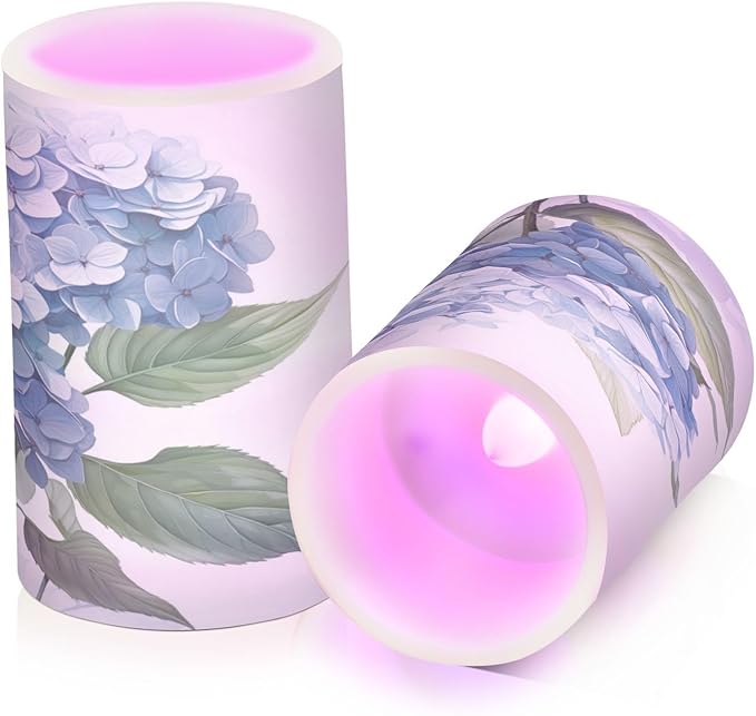 ALAZA Blue Hydrangea Flowers Flickering Flameless Candles Battery Operated with Remote Timer,Tea Light Candles LED Pillar Votive Candles Set of 2 for Outdoor Indoor Decorations