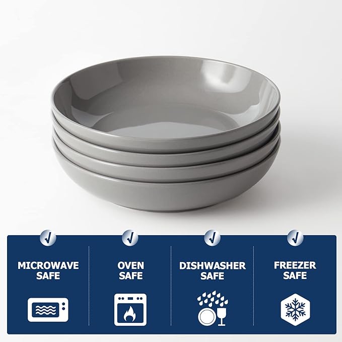 Y YHY 8.6" Vivid Gray Pasta, Salad & Soup Serving Bowls Set of 4, 32oz Large Ceramic, Microwave, Oven & Dishwasher Safe, Sturdy Porcelain Perfect for Daily Dining, Family Gatherings, Parties & Gifts