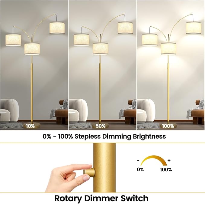 Nintiue Dimmable Floor Lamp - 3 Lights Gold Arc Floor Lamps for Living Room, 1000LM Modern Tall Standing Lamp with White Shades, Mid Century Tree Floor Lamp for Bedroom Office, 3 LED Bulbs Included
