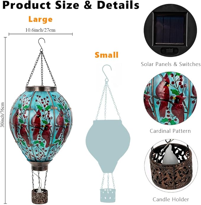 DREAMSOUL Cardinal Large Solar Hot Air Balloon Lantern with Flame, Glass Hanging Solar Lanterns Outdoor Waterproof for Garden Yard Patio Decor