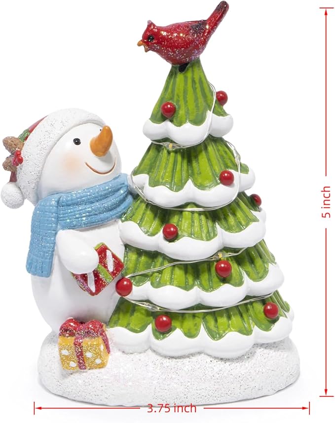 Hodao Christmas Tree Figurine Decorations — Lighted Hand-Painted Resin Snowman with Cardinal, Tabletop Decor for Family or Friends | Mantel, Shelf, Living Room Display