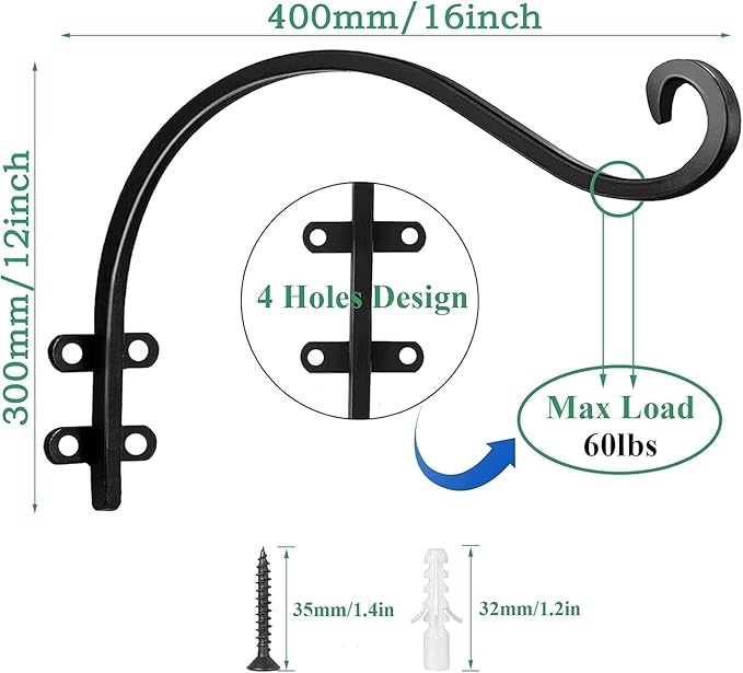 4 Pack Heavy Duty Plant Hanger Bracket, 16Inch Hanging Brackets for Plants Outdoor and Indoor, 80lbs Holding Capacity Metal Plant Wall Hooks, Black Hanging Plant Brackets for Flower Wind Bird Feeder
