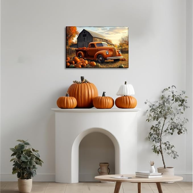 Pumpkin Wall Art Autumn Harvest Canvas Wall Decor Rustic Farmhouse Truck Picture Fall Painting Vintage Artwork for Living Room Bedroom Home Halloween Decor Framed(Art-3,12.00"x18.00")