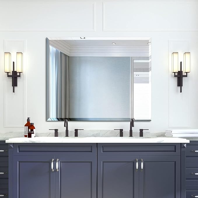 Mirrorons Beveled Mirror, Wall Mirror 40" x 32", Frameless Rectangle Bathroom Vanity Mirror with Beveled Edge, Hangs Horizontally or Vertically. Upgraded Shatterproof