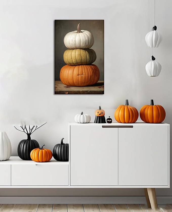 LYUNSHUO Pumpkin Wall Art Halloween Themed Canvas Wall Decor White Yellow Orange Pictures Farmhouse Autumn Harvest Posters Vintage Artwork for Modern Home Decor Frame - 24"x36"