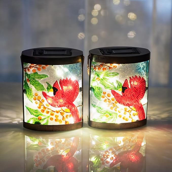2 Pack Cardinal Solar Lanterns Outdoor Waterproof, Hanging Tabletop Solar Lantern with LED Light for Garden Yard Lawn
