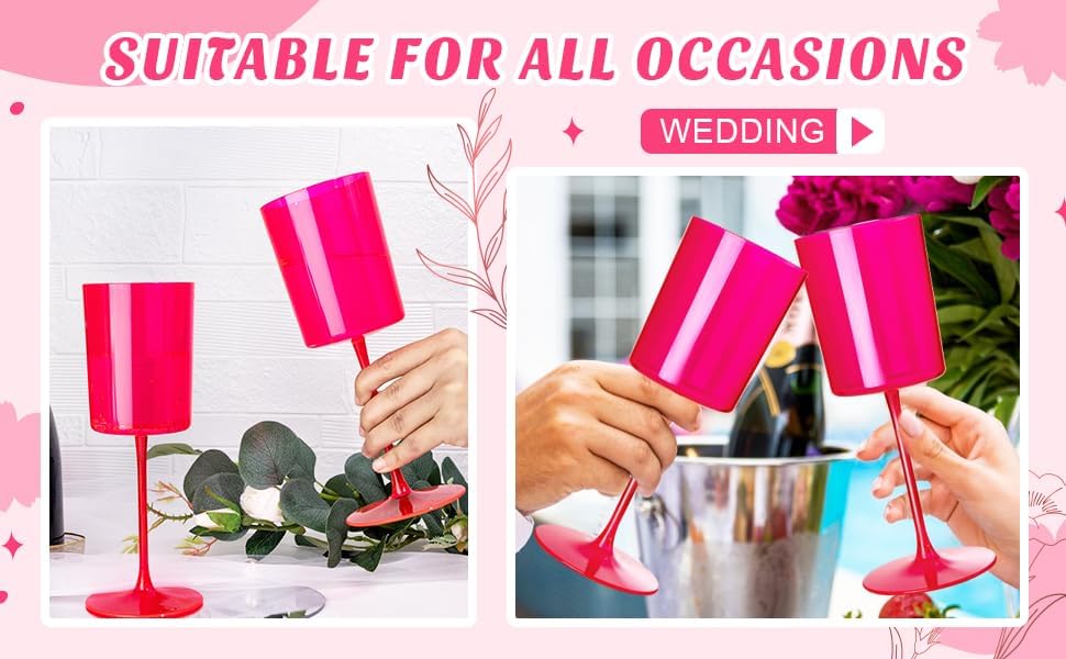 Ciaell 12 Pack Plastic Wine Glasses - 14Oz Hot Pink Plastic Wine Glasses With Stem - Disposable Stemmed Cups for Parties & Weddings
