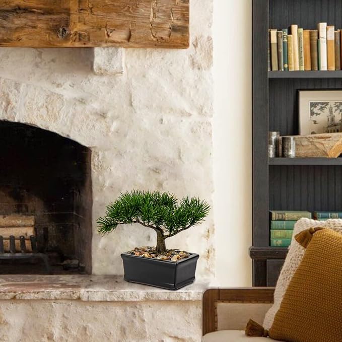 DILATATA Fake Bonsai Tree Zen Juniper Bonsai Plant 6.5” Tall Artificial Bonsai Trees with Black Ceramic Pot Decorated with Pebbles Desk Plant Indoor Bonsai for Home Office Decor