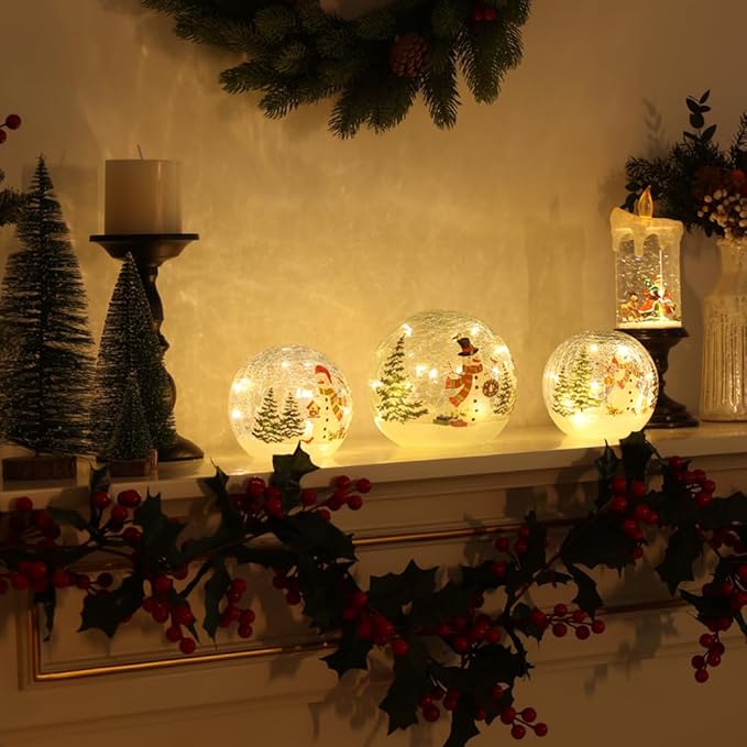 PHITRIC Christmas Decorations Indoor, 3 pcs Sparkling Snowman Globes with LED Lights and Timer, Tabletop Xmas Decor for Fireplace, Table, Home Decor Indoor