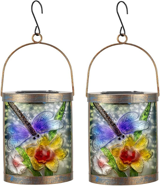 2 Pack Dragonfly Hanging Solar Lanterns Outdoor Waterproof Decorative Glass LED Solar Lantern for Tabletop Garden Patio Decor