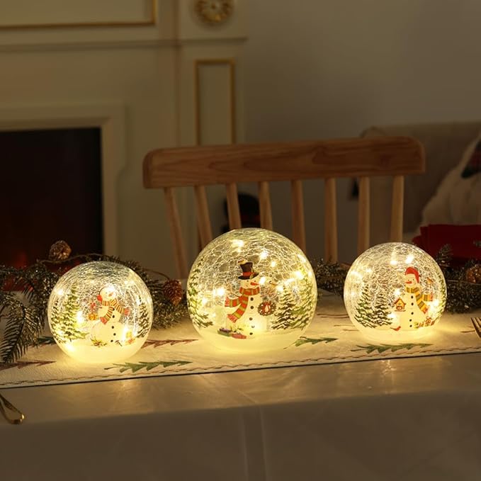 PHITRIC Christmas Decorations Indoor, 3 pcs Sparkling Snowman Globes with LED Lights and Timer, Tabletop Xmas Decor for Fireplace, Table, Home Decor Indoor