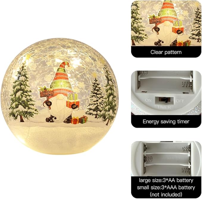 PHITRIC Christmas Decorations Indoor, 3 PCS Sparkling Christmas Gnomes Globes with LED Lights and Timer, Xmas Table Decor Centerpieces Crackle Glass Ball for Fireplace, Home, Tabletop, Mantel, Shelf