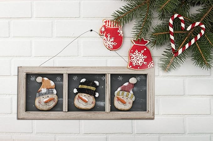wovorins Wood Christmas Wall Decor Snowman Sign Decorative Hanging Plaque Wooden Merry Xmas Holiday Winter Home Decor Rustic Snowman Ornament Wall Art Home Decoration Indoor