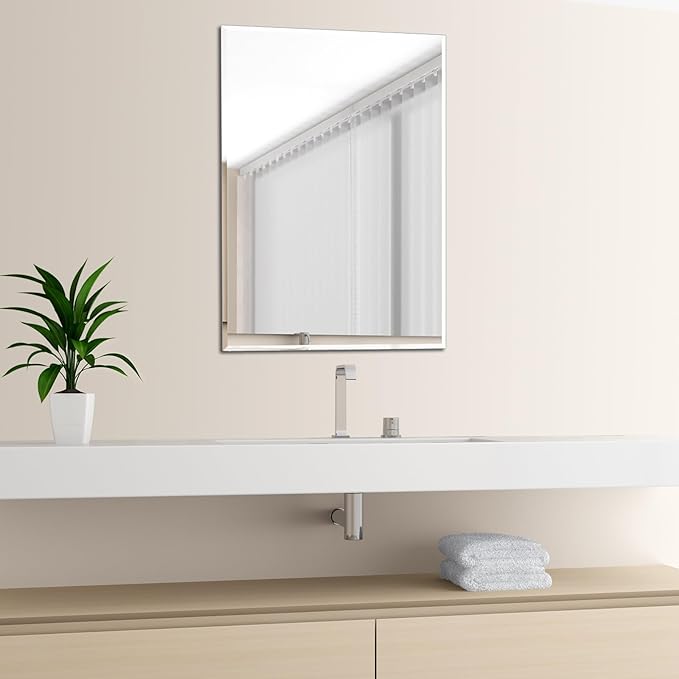 Ruomeng Wall Mirror Beveled Edge Frameless Mirror 20” x 28“ Wall Mounted Mirror for Bathroom Vanity and Entryway