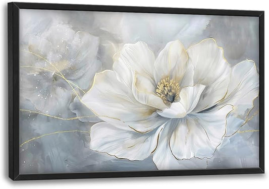 Lovira White Flower Large Wall Art Floral Canvas Wall Decor Pictures Prints Painting Framed Modern Artwork for Living Room Bedroom Bathroom Kitchen Office 24"x36"