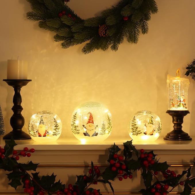 YEAHOME Christmas Decorations Indoor, 3 Pcs Lighted Gnomes Christmas Snow Globes Home Decor, Christmas Table Decorations LED Crackle Glass Ball with Timer for Living Room Fireplace Tabletop