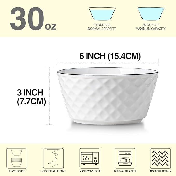 Yeacccng Ceramic Soup Bowls Set of 6, 30 Oz White Cereal Bowls, 6 inch Small Soup Bowls for Soup, Oatmeal, Salad, Pasta, Snacks, Fruits, Dishwasher & Microwave Safe, Scratch-Resistant, Lead-Free