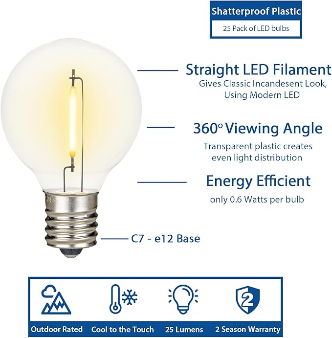 Novelty Lights 25 Feet G40 LED Patio String Lights with 25 Bulbs, Warm White, Weather Resistant and Shatterproof Replaceable Plastic Globe Bulbs, White Wire