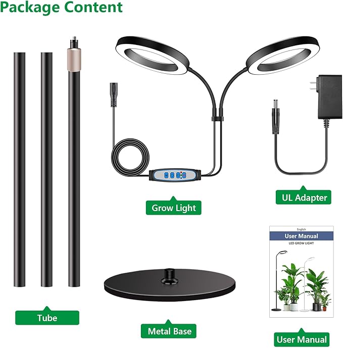 Large Plant Light for Indoor Plants, 2 Head Full Spectrum Grow Light with 68" Adjustable Stand for Growing Large Tall Plants, Black Halo Floor LED Grow Lamp with 16 Hour Timer