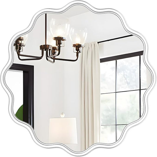 PROHOMEWARE White Round Mirror 24 Inch Wavy Bathroom Vanity Mirror White Frame Modern Wall Mirror Decorative Wall-Mounte Anti-Rust, Tempered Glass