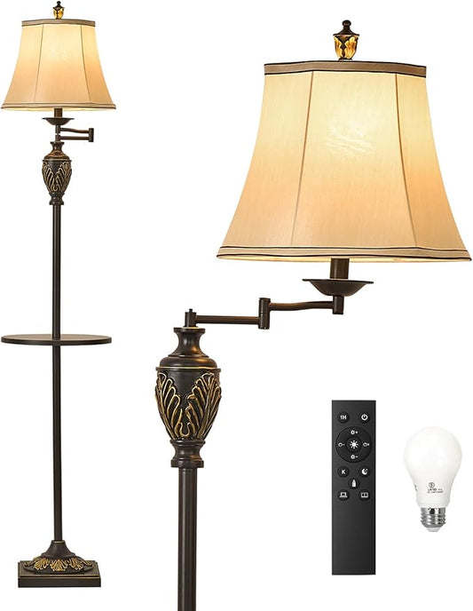 Traditional LED Floor Lamp with 350° Adjustable Swing Arm Lamp – Vintage Standing Pole lamp for Living Room, Bedroom and Office – Rustic Upright Floor Light for Home Décor with Silk Fabric Shade