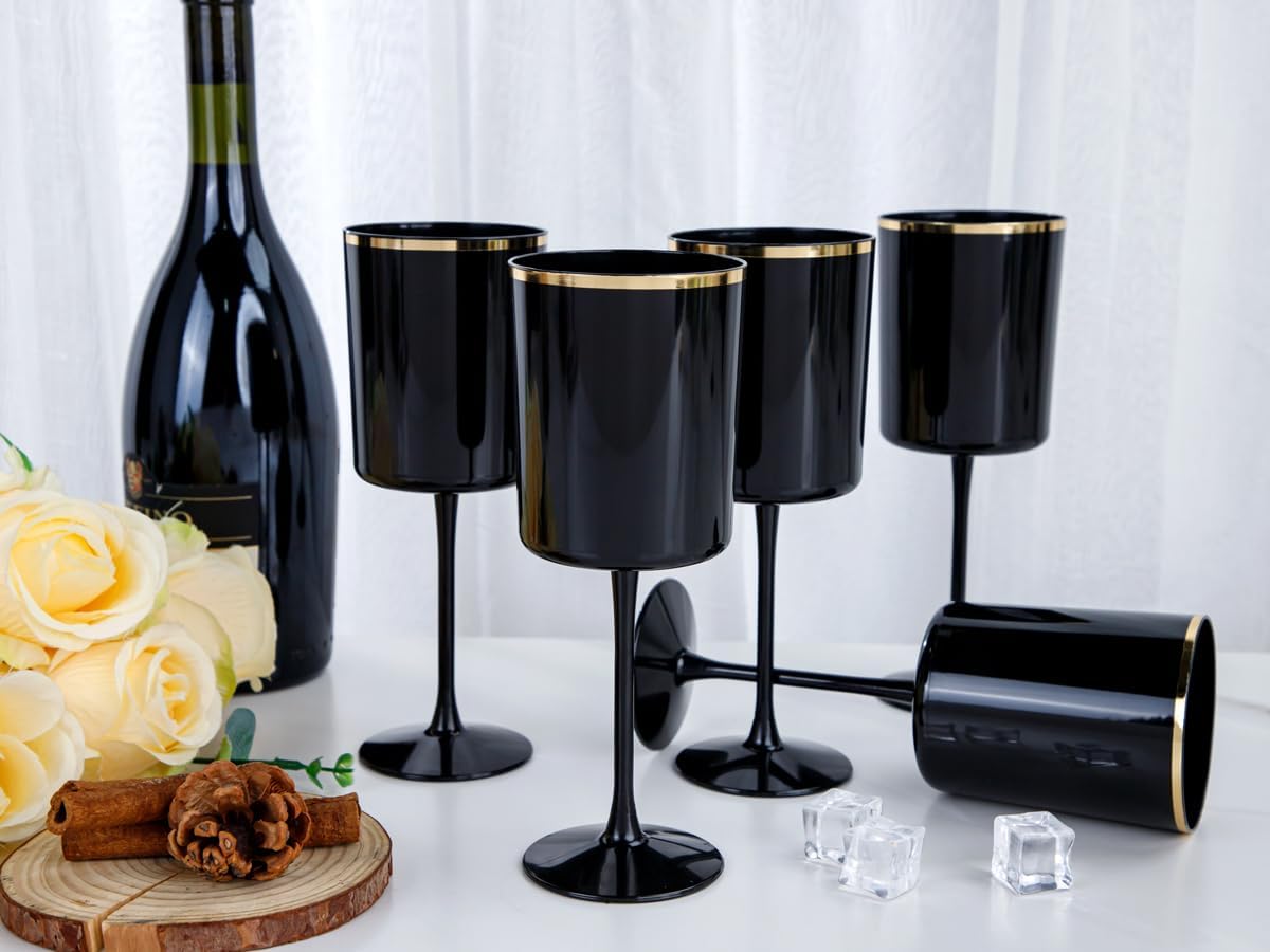 Ciaell 12 Pack 10 OZ Black Plastic Wine Glasses with Stem - Black and Gold Disposable Wine Glasses Perfect for Parties & Weddings & Toasting & Outdoors & Camping & Halloween