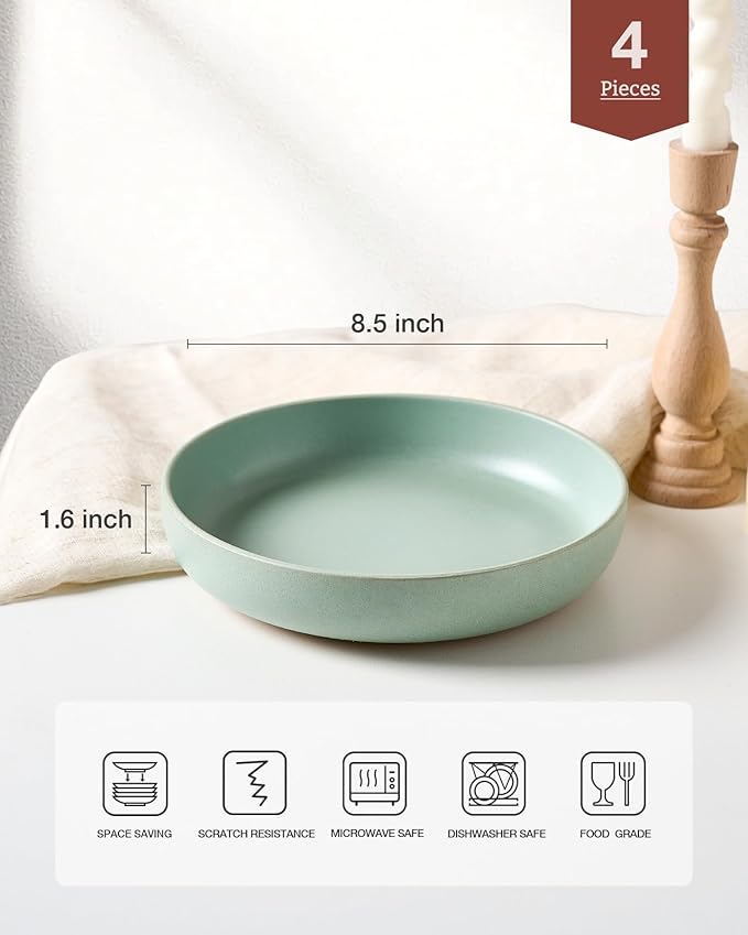 famiware Milkyway Pasta Bowls Set of 4, 8.5" Large Salad Bowls, Double Reactive Glaze, Sturdy & Stackable, Ideal for Housewarming, Festivals, Light Green