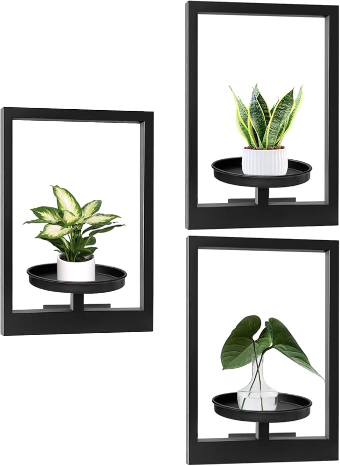 Picture Frame Plant Holder, Window Planter Hanger Shelves,Wall Mount Plants shelf Indoor Outdoor, Metal Hanging Planters Stand Decor,Modern Floating Ornament Rack Art for Home & Garden (Black 3pc)