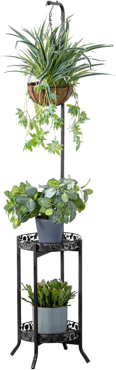 COPREE 2-tier Hanging Plant Stand, Space-Saving Iron Planter Shelves Flower Pot Organizer Rack Multiple Flower Pot Display Holder Shelf Indoor Outdoor Heavy Duty Planter Shelving Unit