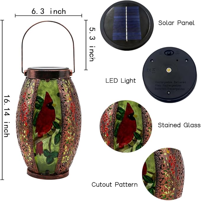 2PCS Cardinal Solar Lanterns Glass & Metal Hanging Light Outdoor Waterproof 16" H Tabletop Lamp with Hollowed-Out Design with Shepherd's Hooks for Garden Patio Table Decor, Green