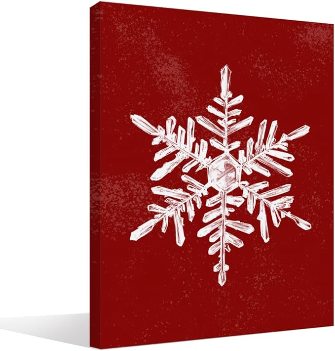 BIWSHA Winter Decor, Christmas Snowflake Wall Art, Snowflake Decorations Wall Print, Red Christmas Canvas Wall Art Decor for Home Living Room Bedroom 11×14 Inch
