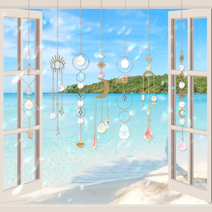 Sun Catchers, 10 Pieces Colorful Crystal Suncatcher with Chain Pendant Ornaments Hanging Crystals Prism Rainbow Maker for Windows Indoor Outdoor Car Mirror Garden Decor Wedding Party Xmas Gift