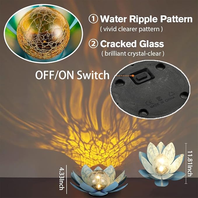 12 inches Solar Lights Outdoor Garden, Crackle Globe Glass Lotus Decoration, Waterproof LED Metal Flower Lights for Patio,Lawn,Walkway,Tabletop,Ground Gardening Gifts (Blue)