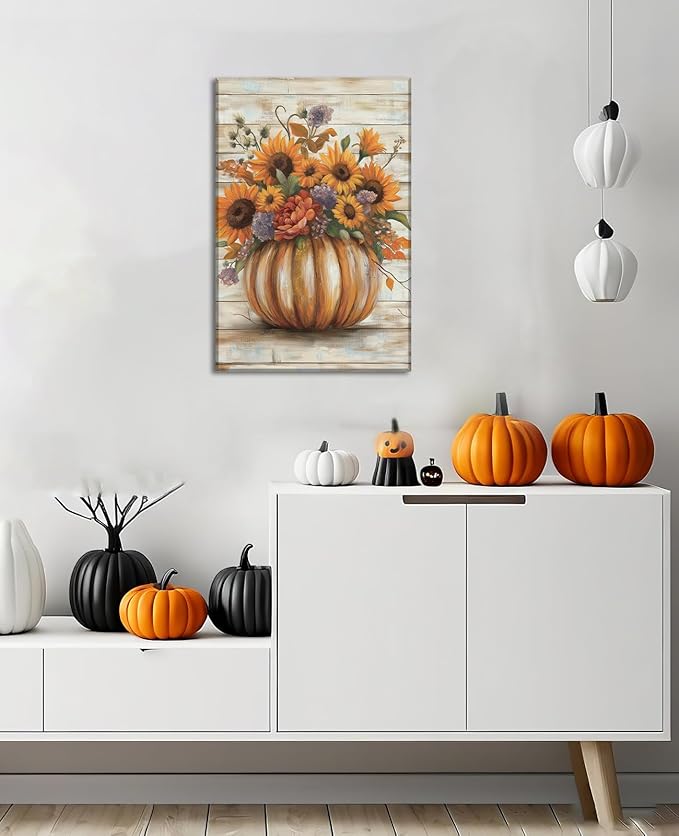 Pumpkin Wall Art Halloween Themed Canvas Wall Decor Sunflower Pictures Farmhouse Autumn Harvest Posters for Kitchen Bathroom Living Room Home Decor Frame - 16"x24"