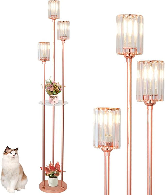 HMVPL Pink Floor Lamp for Living Room, Crystal Floor Lamp with Shelves, Girls Standing Lamp with Table, Modern Corner Lamp with On/Off Switch, Unique Tall Lamp for Bedroom Nursery Office