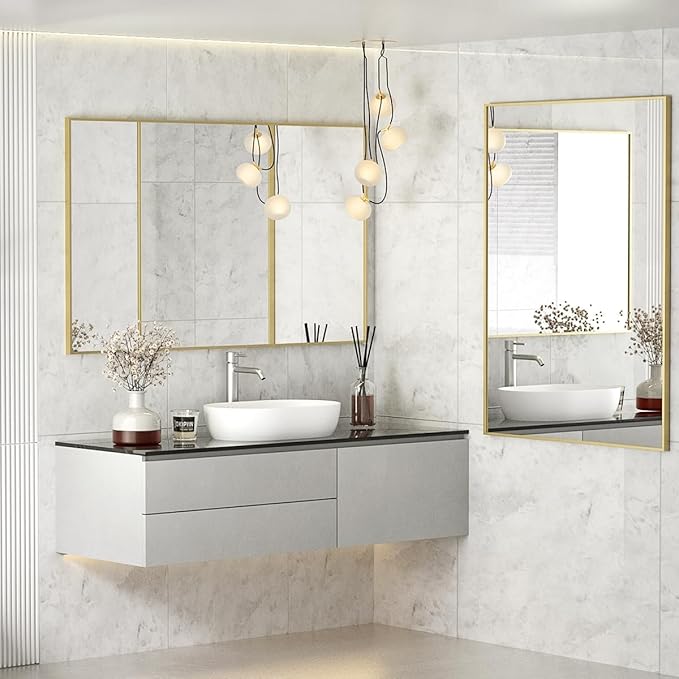 Koonmi Gold Mirrors for Wall, 30x30 Inch Bathroom Mirror, Rectangular Wall Mirror for Living Room Bedroom Bathroom, Hangs Horizontally or Vertically